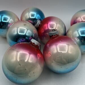 Set 8 Vintage Christmas Shiny Brite Glass Ornaments Red White Blue Ombre 2.5"